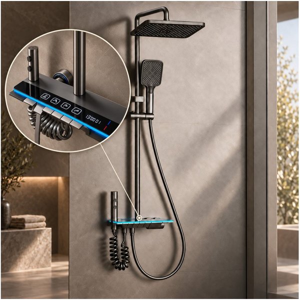 LuxaSteel Duscharmatur Duschsystem mit LED-Beleuchtung & Display (Komplett-Set, Direkt einsatzbereit) Regendusche Komplettset mit LED-Beleuchtung & Display