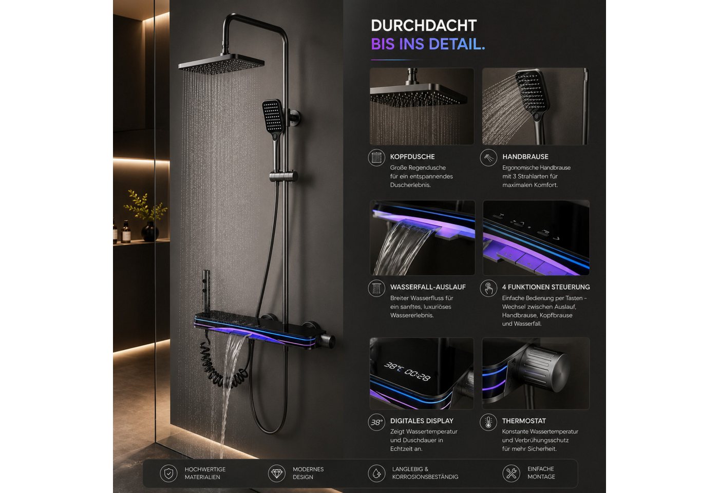 LuxaSteel Duscharmatur Duschsystem Regendusche LED Thermostat 4in1 (Komplettset inklusive Regendusche, Handbrause und Thermostatarmatur, Komplettset inklusive R – Bild 3 von 5