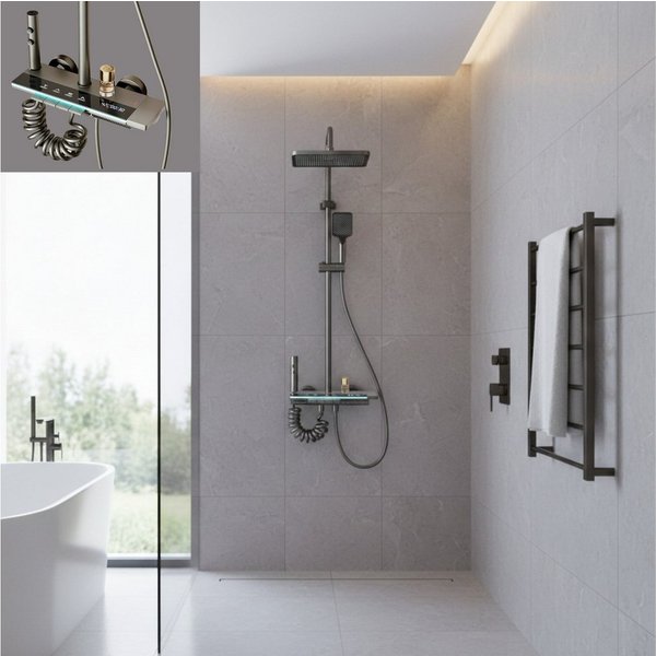 LuxaSteel Duscharmatur Duschsystem Regendusche mit Thermostat, Temperaturanzeige, LED Dusche (Komplettset, Komplettset) Mit Wasserfallfunktion, Regendusche mit 