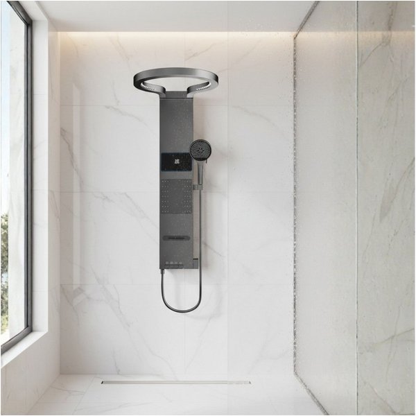 LuxaSteel Duschsystem Duschpaneel mit Regendusche, LED-Display & Taillenduschfunktion, 5 Strahlart(en), Komplett-Set, Regendusche mit Wasserfallauslass, interne