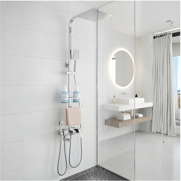 LuxaSteel Duschsystem Duschsystem mit Regendusche, 2 Handbrausen & Ablage, 5 Strahlart(en), Komplett-Set, Thermostat mit Brausegarnitur mit Kopfbrause, 3-fach v
