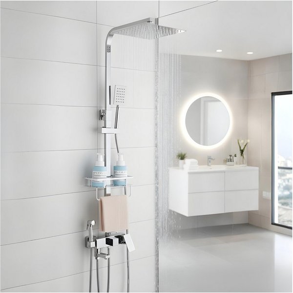 LuxaSteel Duschsystem Duschsystem mit Regendusche, 2 Handbrausen & Ablage, 5 Strahlart(en), Komplett-Set, Thermostat mit Brausegarnitur mit Kopfbrause, 3-fach v