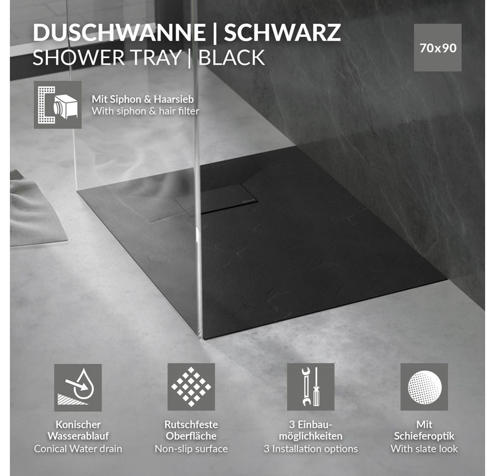 LuxeBath Duschwanne Duschtasse Brausetasse mit Ablaufgarnitur und Anti-Rutsch-Oberfläche, Rechteckige Brausewanne 90x70 cm mit Siphon Höhe 30 mm extra flache – Bild 2 von 5