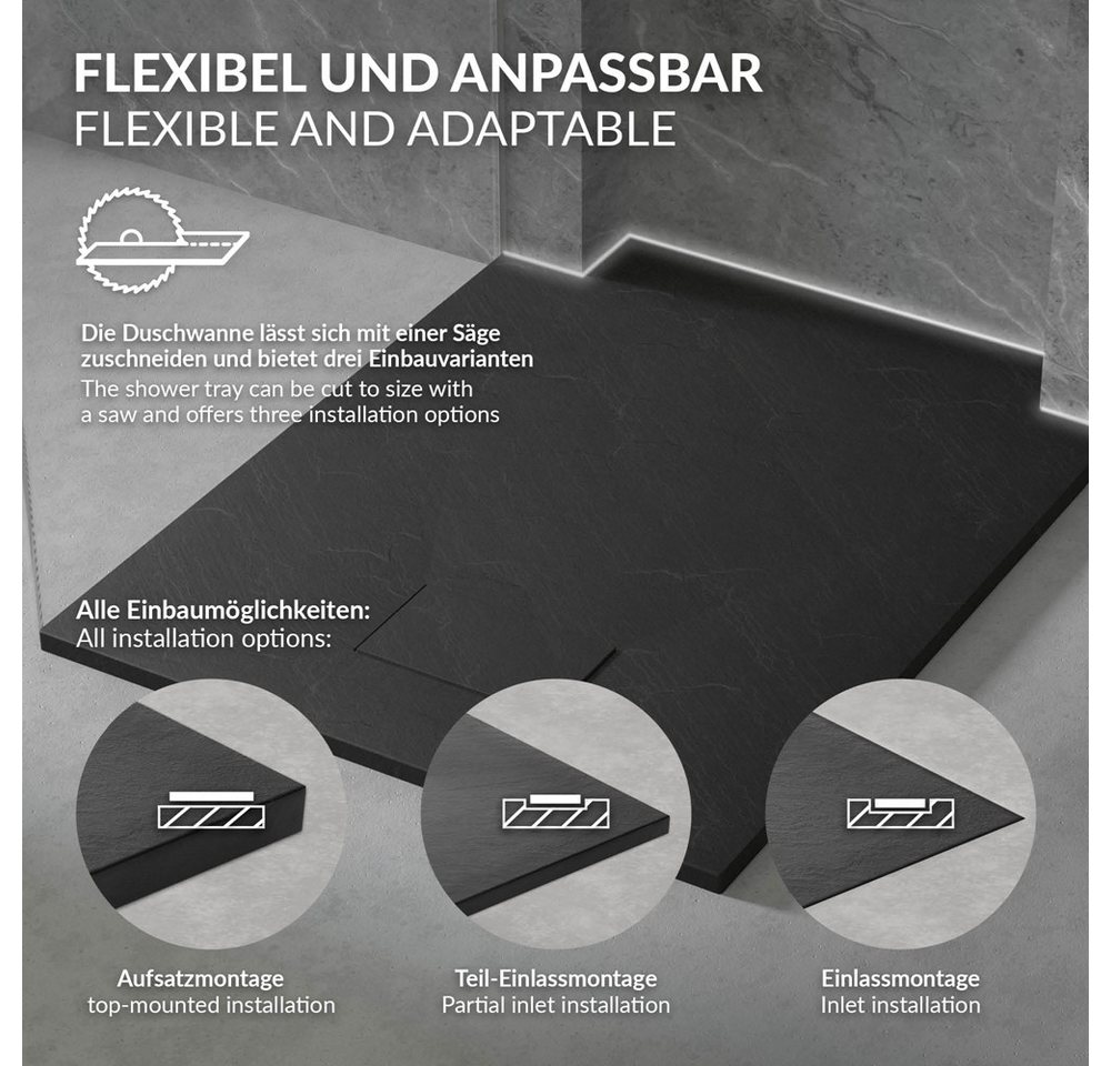 LuxeBath Duschwanne Duschtasse Brausetasse mit Ablaufgarnitur und Anti-Rutsch-Oberfläche, Rechteckige Brausewanne 90x70 cm mit Siphon Höhe 30 mm extra flache – Bild 4 von 5
