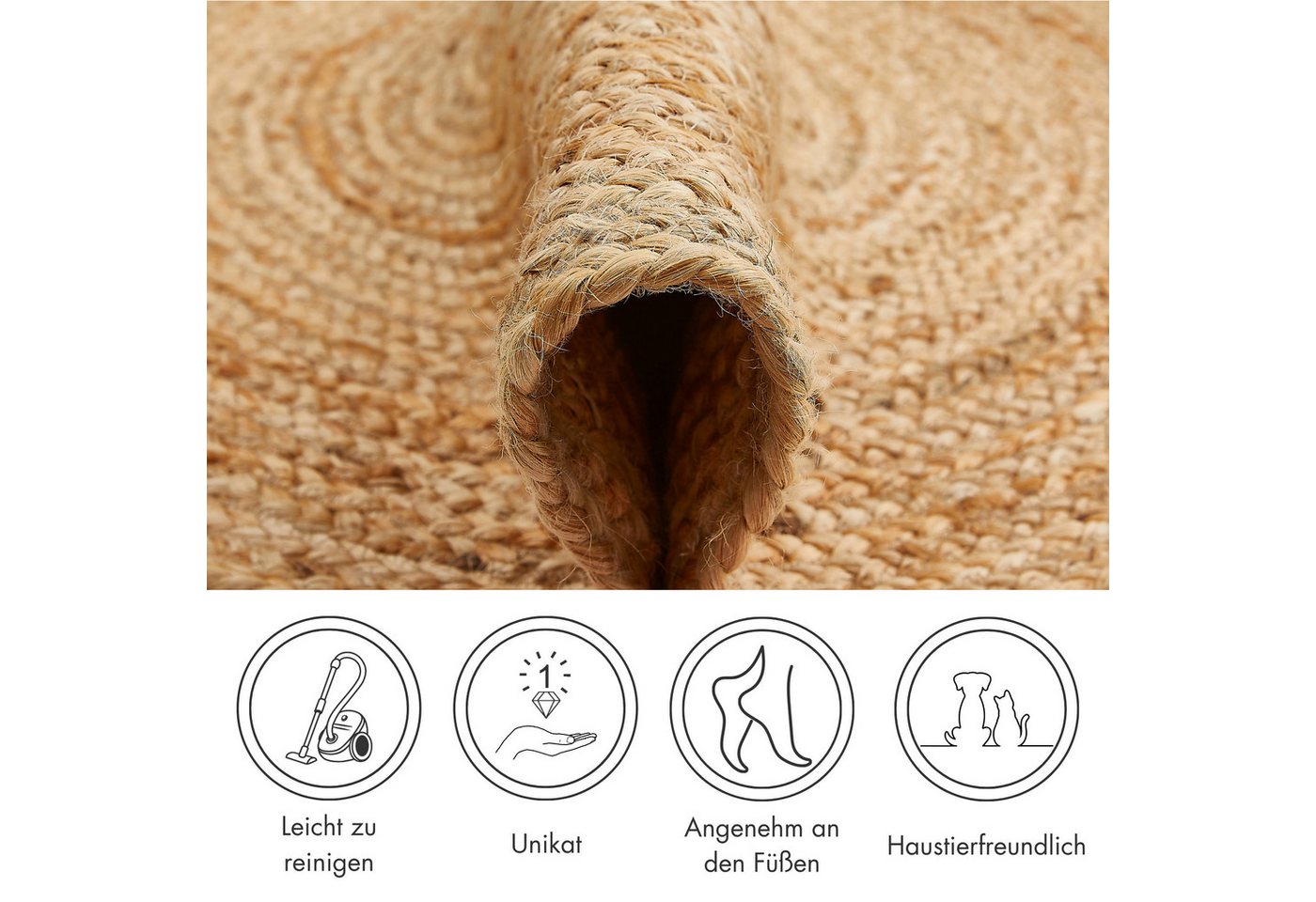 LUXOR living Teppich Mamda 2, Juteteppich, rund, Höhe: 6 mm, Flachgewebe, handgeflochten, Flecht Design, Naturfaser, Boho-Style – Bild 3 von 5