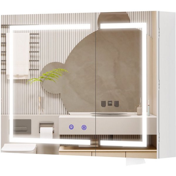 Luxstein Spiegelschrank Bad mit Beleuchtung und Steckdose, Verstellbares Regal, Entfogging-Funktion, Wandmontage