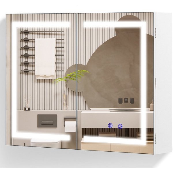 Luxstein Spiegelschrank Bad mit Beleuchtung und Steckdose, Verstellbares Regal, Entfogging-Funktion, Wandmontage