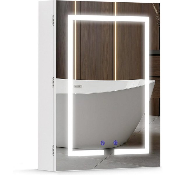 Luxstein Spiegelschrank Bad mit Beleuchtung und Steckdose, Verstellbares Regal, Entfogging-Funktion, Wandmontage
