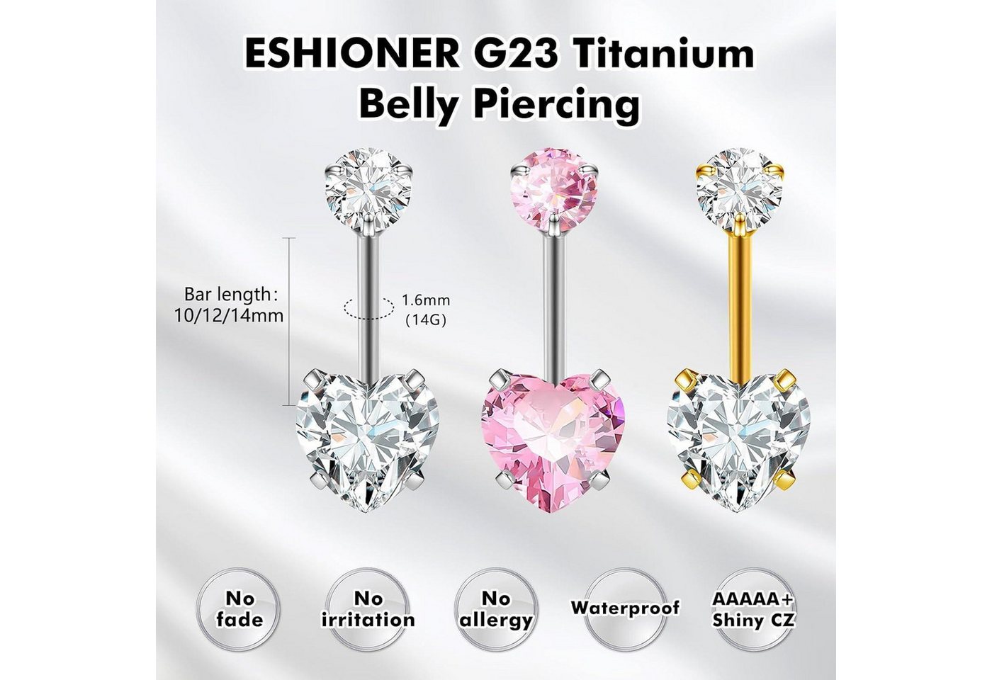 LuxusKollektion Bauchnabelpiercing G23 Titan Bauchnabelpiercing Gold Silber 14G 10MM 12MM Belly Piercing – Bild 2 von 5