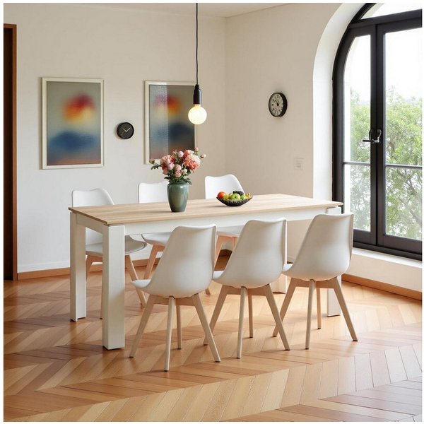 LuxusKollektion Essgruppe Esstisch Essgruppe 6 160CM-Eiche-Weiß Tischbein Tisch 6 Weiß Stühle