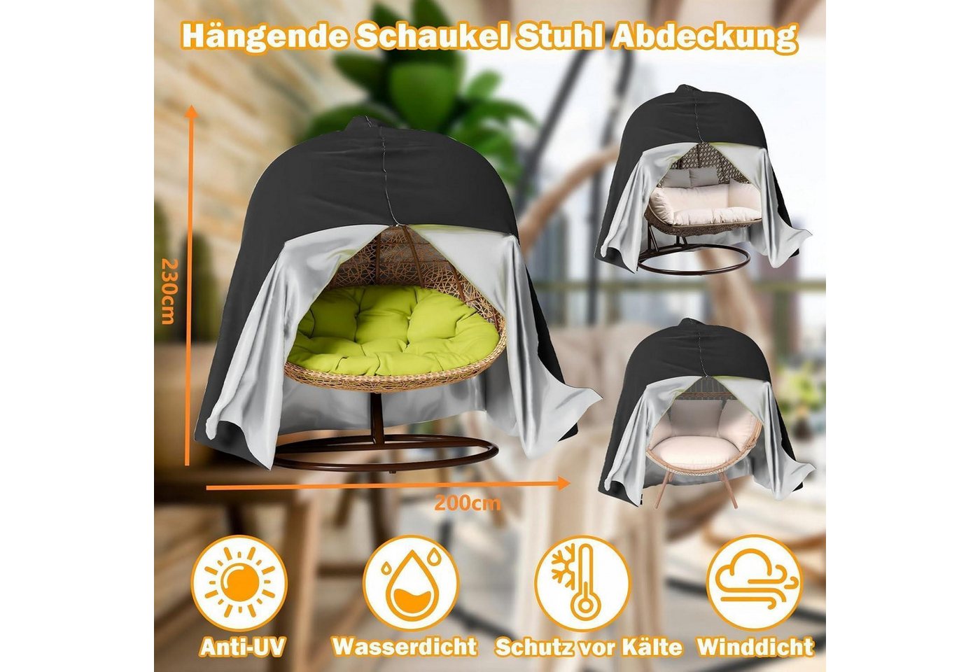 LuxusKollektion Gartenmöbel-Schutzhülle Große Hängesessel Abdeckung Schwarz 230x200cm wasserdichtes – Bild 5 von 5