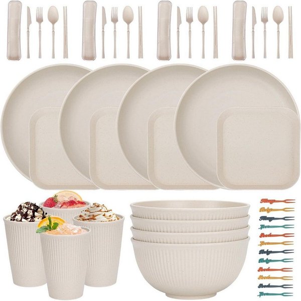 LuxusKollektion Geschirr-Set Geschirrset 48teilig unzerbrechlich Plastikgeschirr 48 Stück Beige