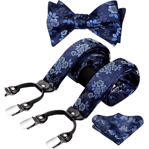 LuxusKollektion Hosenträger Hosenträger Herren Set Fliege elastisch längenverstellbar Blau Floral