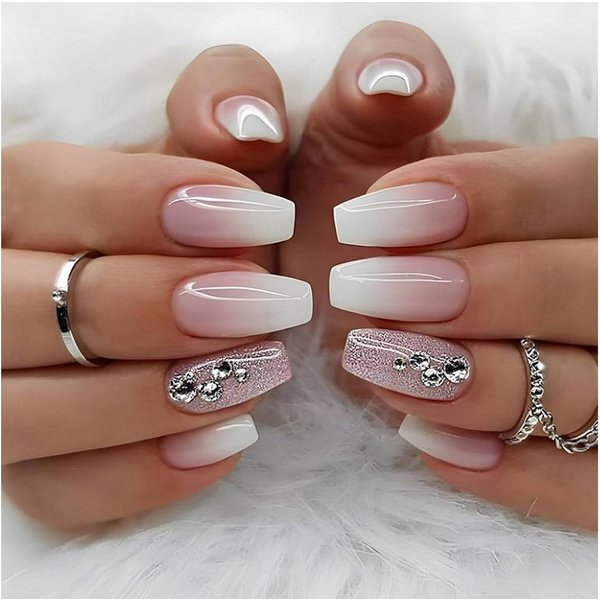 LuxusKollektion Kunstfingernägel 24 Stück Press on Nägel Mittellang Rosa Weiß Gradient Acryl Nägel