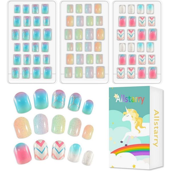 LuxusKollektion Kunstfingernägel Kunstnägel Kindernägel 72 Stück Aufpressen Regenbogen Glitzer