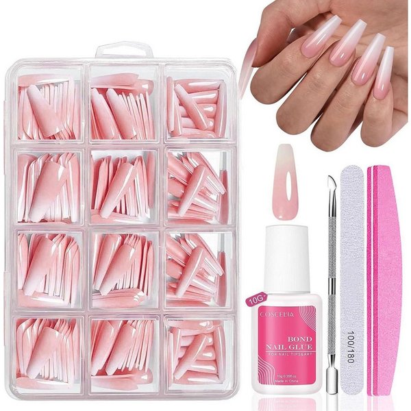 LuxusKollektion Kunstfingernägel Nagel Tips 240 Französisch Full Cover Weiß Rosa Pink Lange Ballerina