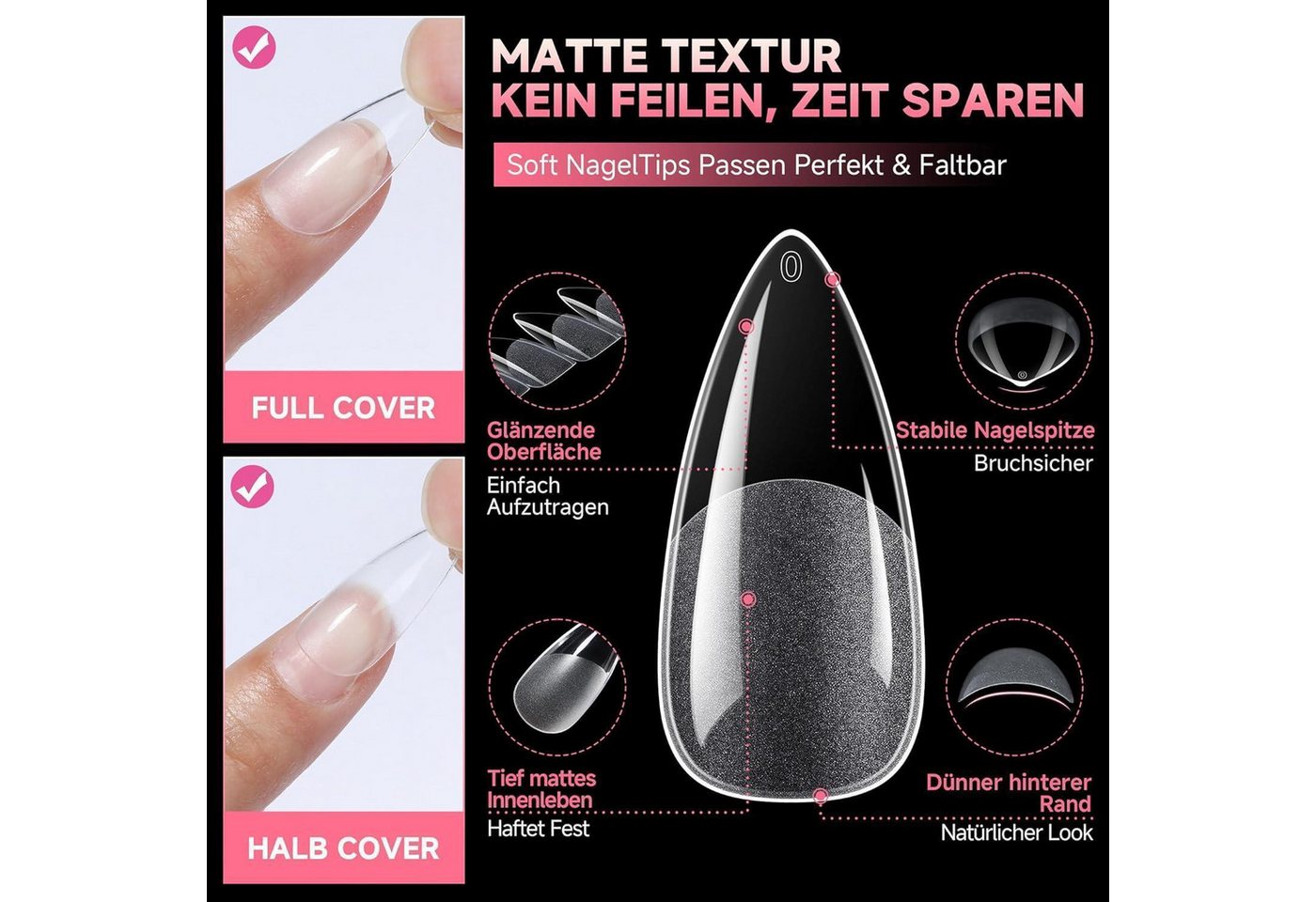 LuxusKollektion Kunstfingernägel Nail Tips Stiletto Gelnägel Vorgeätzt 216 Stück 12 Medium Stiletto-M – Bild 3 von 5