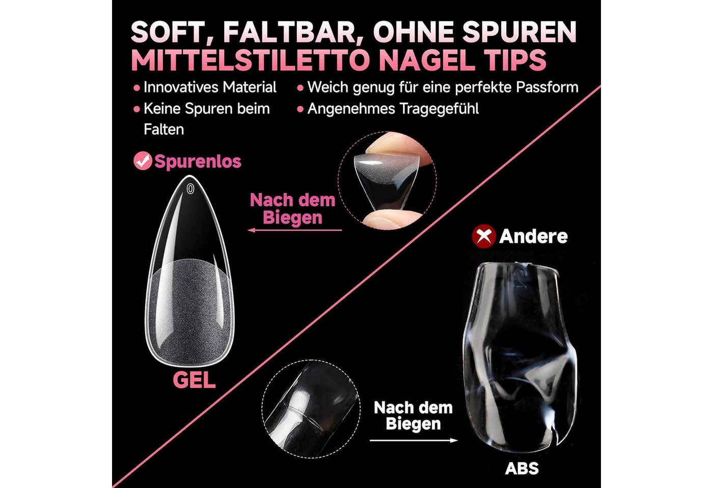 LuxusKollektion Kunstfingernägel Nail Tips Stiletto Gelnägel Vorgeätzt 216 Stück 12 Medium Stiletto-M – Bild 4 von 5