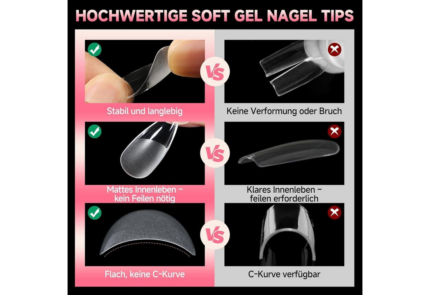 LuxusKollektion Kunstfingernägel Nail Tips Stiletto Gelnägel Vorgeätzt 216 Stück 12 Medium Stiletto-M – Bild 5 von 5
