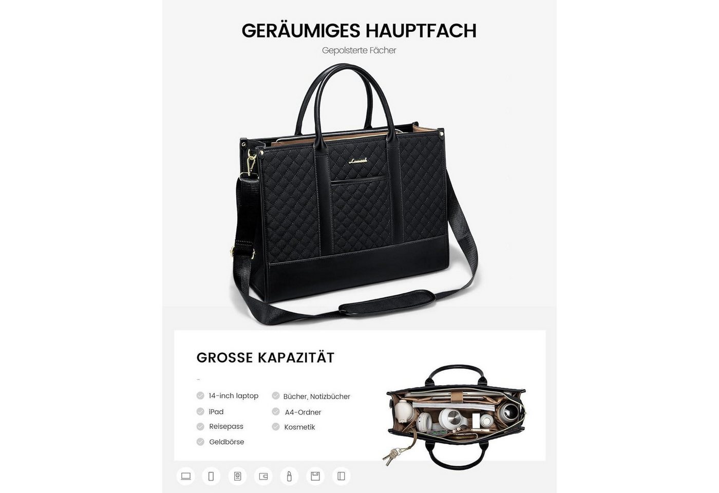 LuxusKollektion Laptoptasche Laptoptasche Damen 15,6 Zoll wasserdicht Business Aktentasche Schwarz – Bild 2 von 5