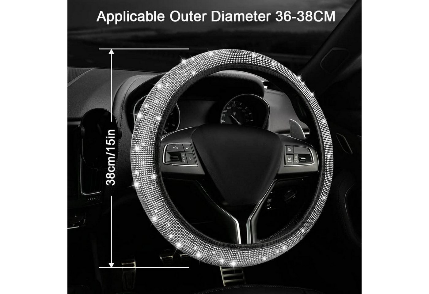 LuxusKollektion Lenkradbezug Lenkradbezug Universal Auto Glitzer Rhinestones Deko Frauen Silber – Bild 3 von 5