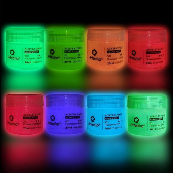 LuxusKollektion Malstift Acrylfarben Set 2in1 Neon Glow Dark 20ml Leuchtfarbe (8er Pack)