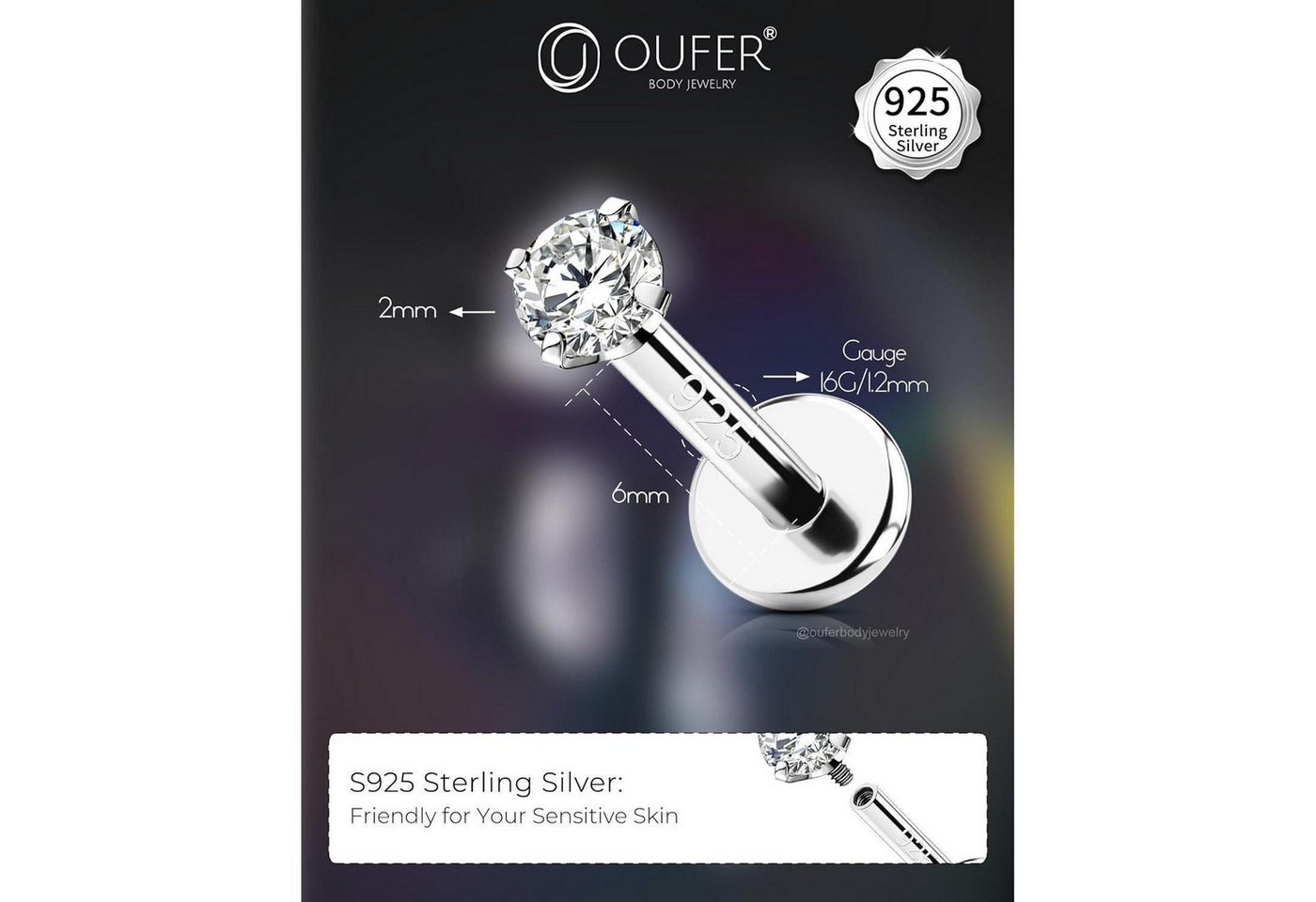 LuxusKollektion Piercing-Set Piercing Helix Silber 925 6 mm Innengewinde 16G 2.5 mm 2mm CZ 16G6mm – Bild 4 von 5