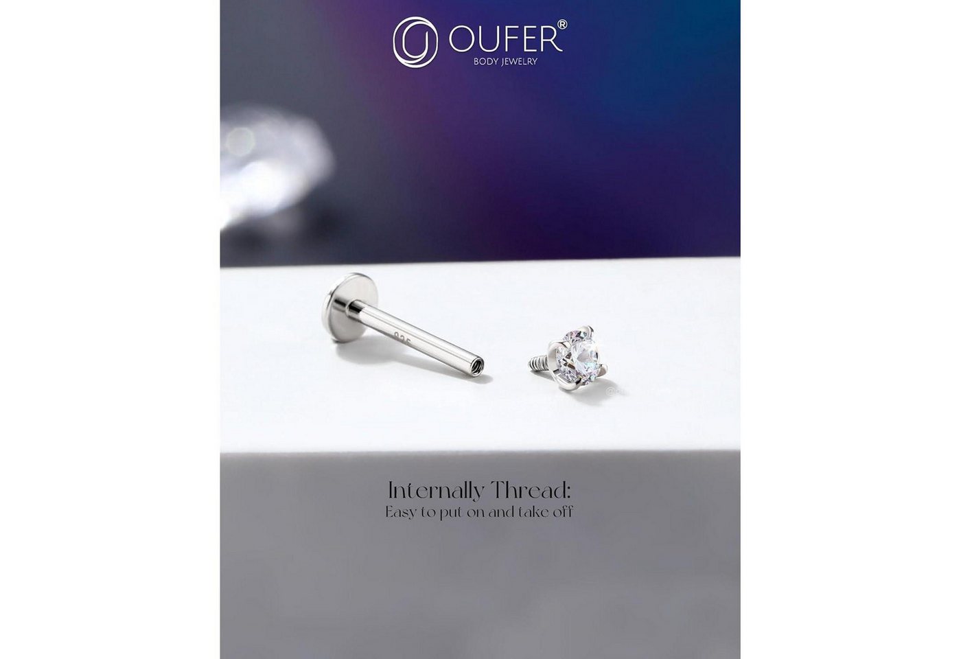 LuxusKollektion Piercing-Set Piercing Helix Silber 925 6 mm Innengewinde 16G 2.5 mm 2mm CZ 16G6mm – Bild 5 von 5