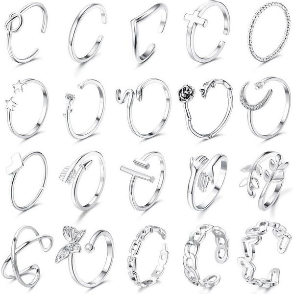 LuxusKollektion Ring-Set 20er Set Silber Ringe Verstellbar Offen Knoten Schmetterlings Herz für
