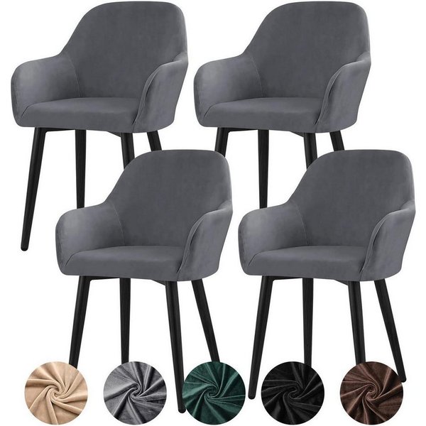 LuxusKollektion Stuhlhusse Stuhlhussen Stretch Samt Armlehnen 4erSet Waschbar Grau Lot de 4 Large