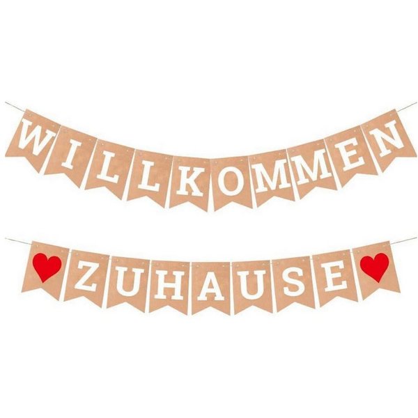 LuxusKollektion Wimpelkette Banner Willkommen Zuhause Girlande 19 Wimpel 2 Juteseile 3m Braun