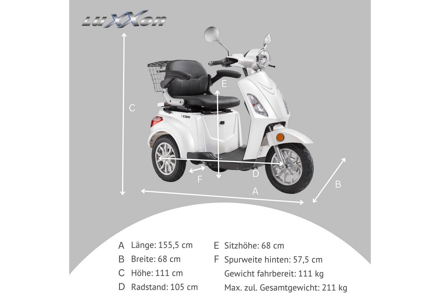 Luxxon Elektromobil E3800, 800 W, 20 km/h, (Elektroroller, Korb), bis zu 65 km Reichweite, Elektro Dreirad, Seniorenmobil – Bild 4 von 5