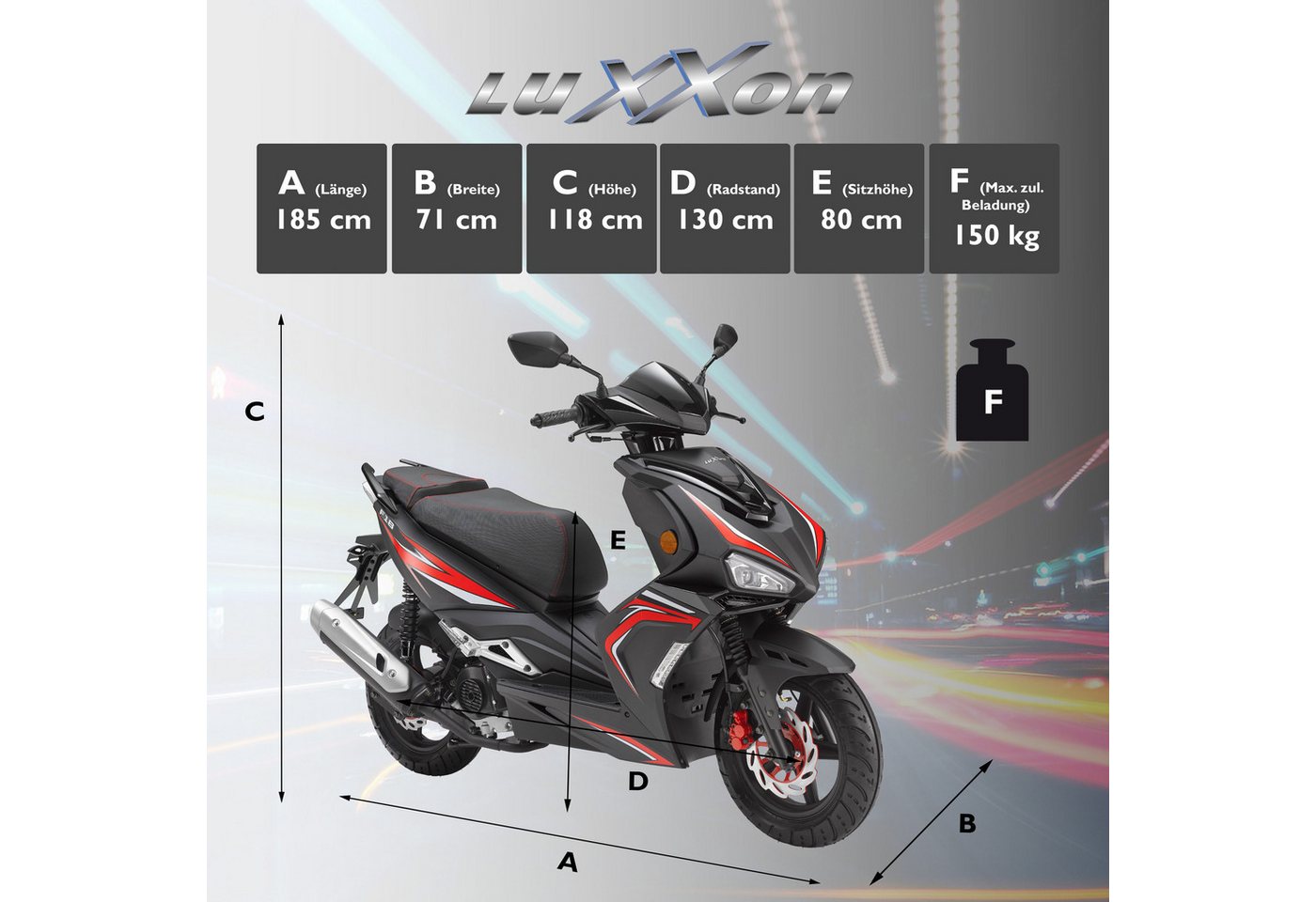 Luxxon Motorroller F18, 50 ccm, 45 km/h, Euro 5, (abschließbares Staufach), 2 Sitzplätze, für Erwachsene, Sportliches Design, 4-Takt Motor – Bild 3 von 3