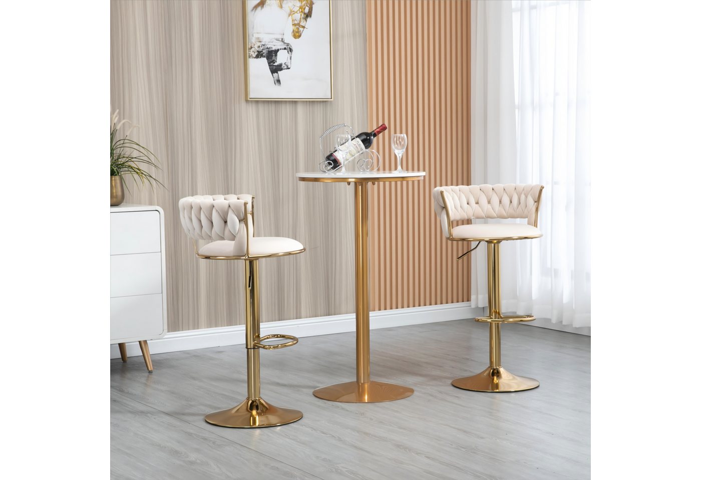 LVHOM Barhocker Set, goldene Stuhlbeine, moderne Samt-Hochstuhl/Barstühle (2/4 Stück, 2 St., mit runden Rückenlehne & Fußstütze), 360° drehbar, Höhenverstellbar – Bild 2 von 5