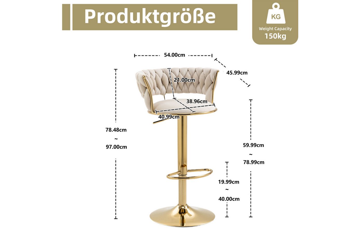 LVHOM Barhocker Set, goldene Stuhlbeine, moderne Samt-Hochstuhl/Barstühle (2/4 Stück, 2 St., mit runden Rückenlehne & Fußstütze), 360° drehbar, Höhenverstellbar – Bild 3 von 5