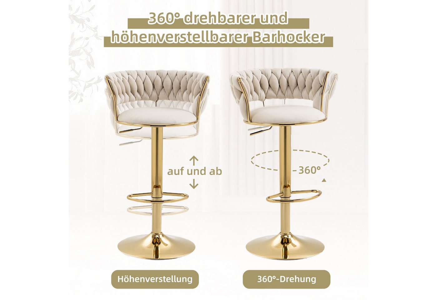 LVHOM Barhocker Set, goldene Stuhlbeine, moderne Samt-Hochstuhl/Barstühle (2/4 Stück, 2 St., mit runden Rückenlehne & Fußstütze), 360° drehbar, Höhenverstellbar – Bild 4 von 5