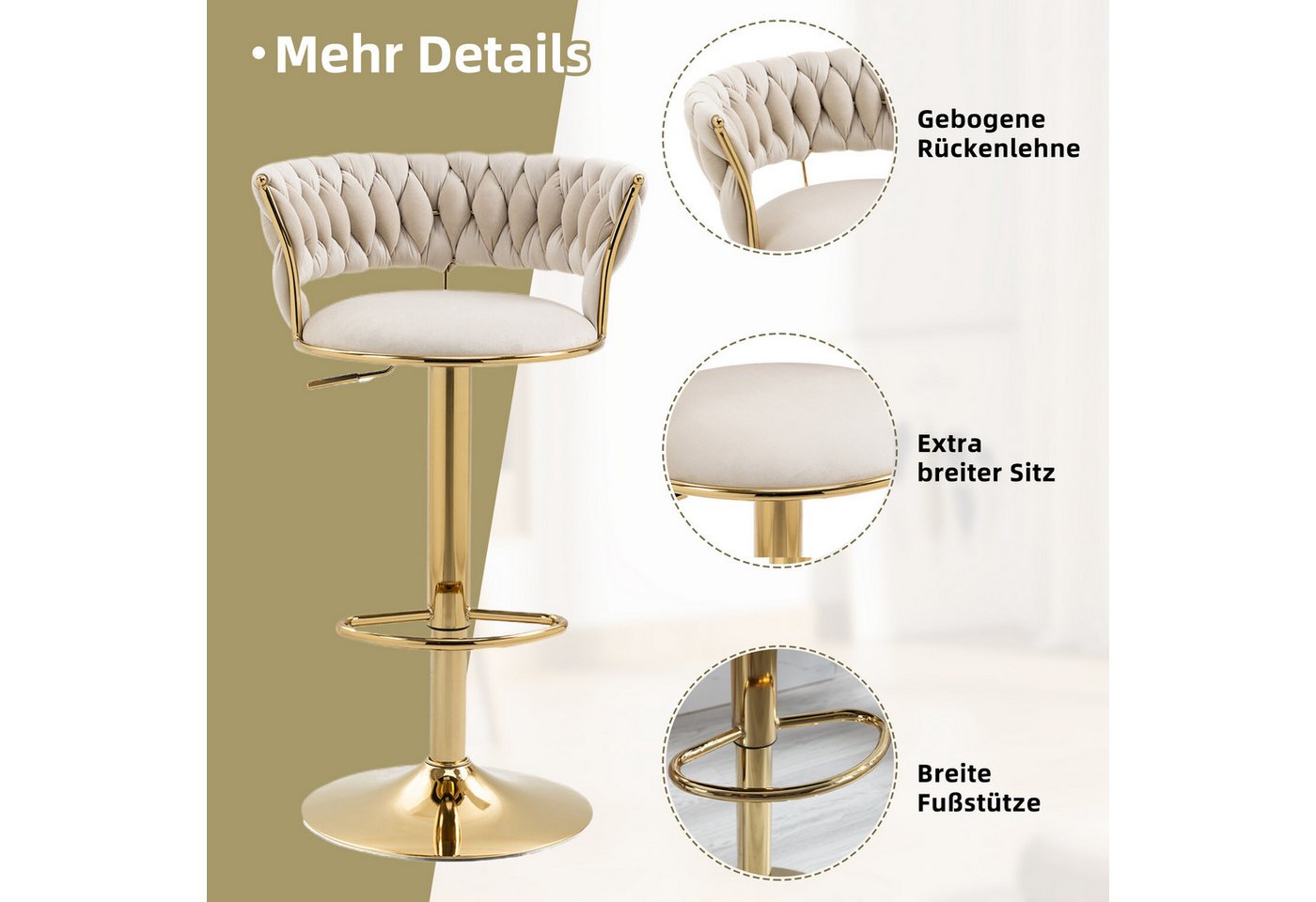 LVHOM Barhocker Set, goldene Stuhlbeine, moderne Samt-Hochstuhl/Barstühle (2/4 Stück, 2 St., mit runden Rückenlehne & Fußstütze), 360° drehbar, Höhenverstellbar – Bild 5 von 5