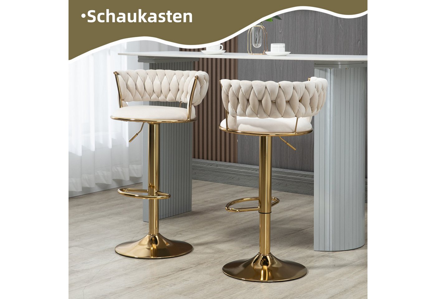 LVHOM Barhocker silber/goldene Stuhlbeine, Moderne Samt-Hochstuhl/Barstuhl (2/4 Stück, 2 St., mit runden Rückenlehne & Fußstütze), 360° drehbar, höhenverstellba – Bild 2 von 5
