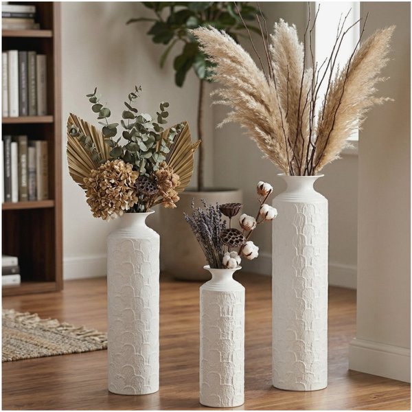 LVHOM Dekovase Bodenvase, Tischvase, 3 tlg. Geometrisches Metall-Vasen-Set, Weiß (drei Höhen (50 cm, 66 cm, 83 cm), Handgefertigt aus Metall. Langlebig & makell