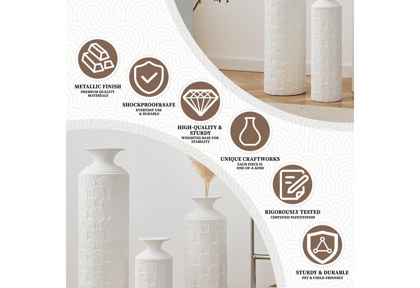 LVHOM Dekovase Bodenvase, Tischvase, 3 tlg. Geometrisches Metall-Vasen-Set, Weiß (drei Höhen (50 cm, 66 cm, 83 cm), Handgefertigt aus Metall. Langlebig & makell – Bild 5 von 5