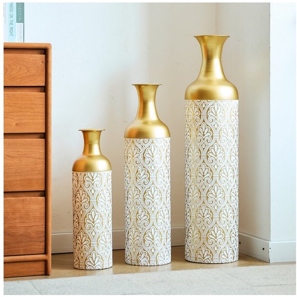 LVHOM Dekovase Bodenvase, Tischvase, 3 tlg. Geometrisches Metall-Vasen-Set, Gold (drei Höhen (50 cm, 66 cm, 83 cm), Handgefertigt aus Metall. Langlebig & makell
