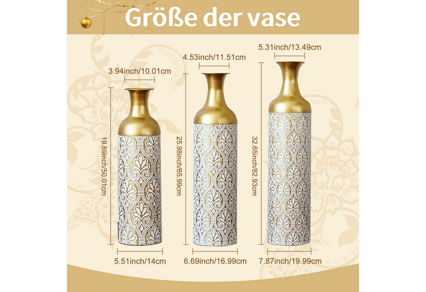 LVHOM Dekovase Bodenvase, Tischvase, 3 tlg. Geometrisches Metall-Vasen-Set, Gold (drei Höhen (50 cm, 66 cm, 83 cm), Handgefertigt aus Metall. Langlebig & makell – Bild 3 von 5