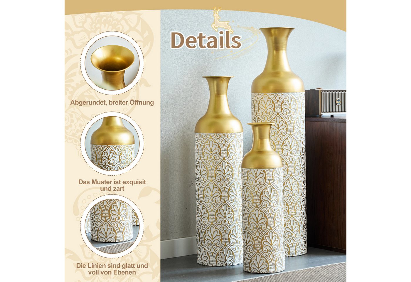 LVHOM Dekovase Bodenvase, Tischvase, 3 tlg. Geometrisches Metall-Vasen-Set, Gold (drei Höhen (50 cm, 66 cm, 83 cm), Handgefertigt aus Metall. Langlebig & makell – Bild 4 von 5