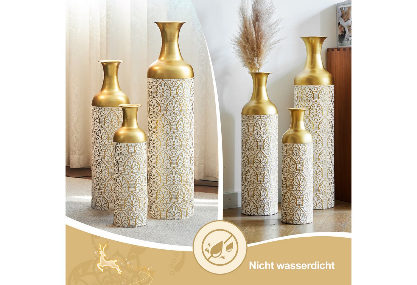 LVHOM Dekovase Bodenvase, Tischvase, 3 tlg. Geometrisches Metall-Vasen-Set, Gold (drei Höhen (50 cm, 66 cm, 83 cm), Handgefertigt aus Metall. Langlebig & makell – Bild 5 von 5