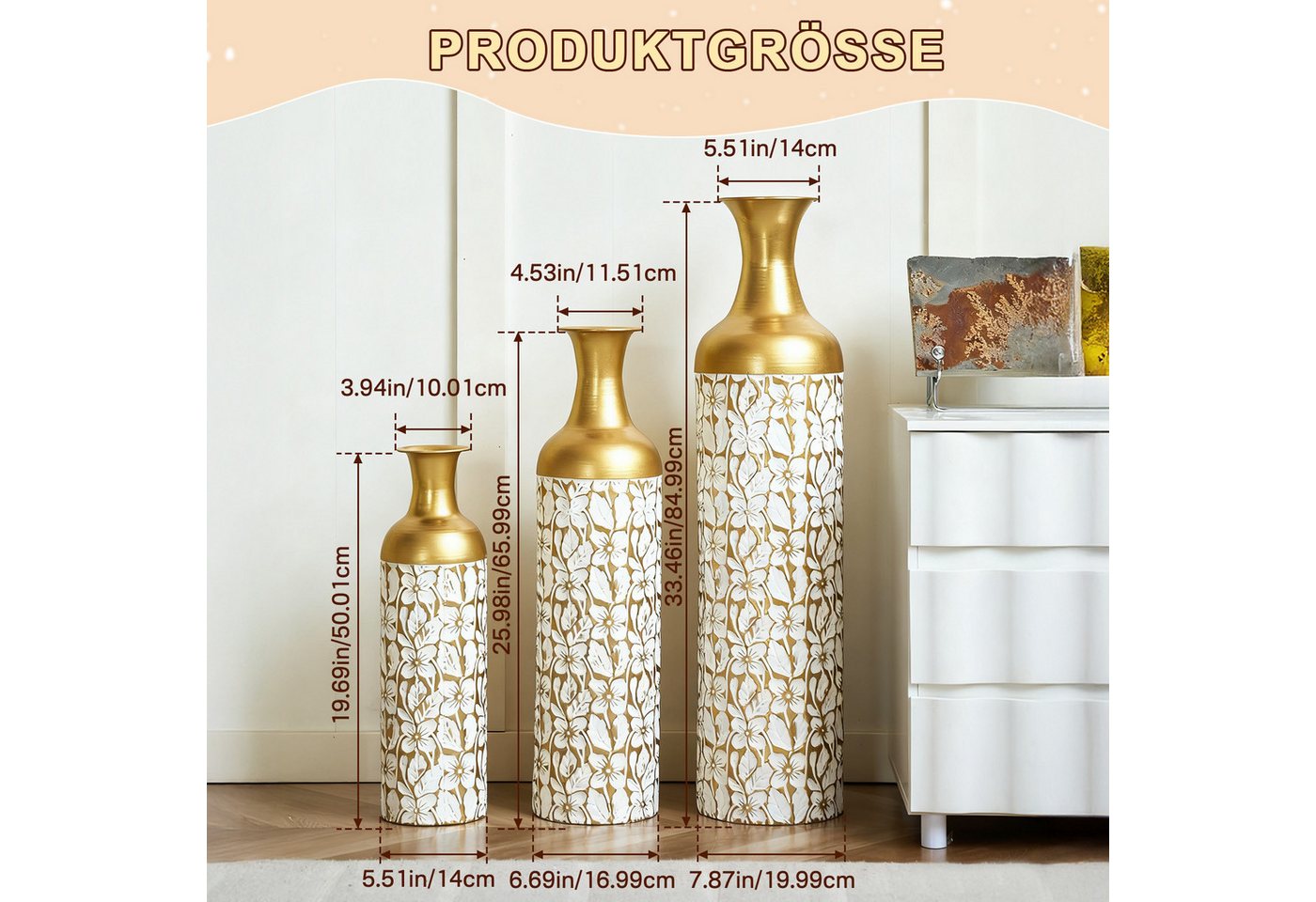 LVHOM Dekovase Bodenvase, Tischvase, 3 tlg. Geometrisches Metall-Vasen-Set, Gold (drei Höhen (50 cm, 66 cm, 83 cm), Handgefertigt aus Metall. Langlebig & makell – Bild 3 von 5