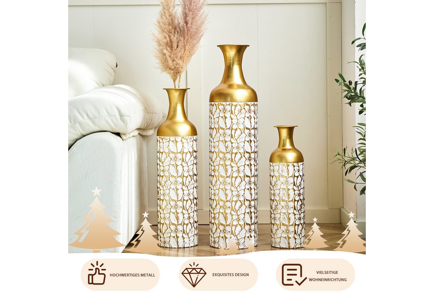 LVHOM Dekovase Bodenvase, Tischvase, 3 tlg. Geometrisches Metall-Vasen-Set, Gold (drei Höhen (50 cm, 66 cm, 83 cm), Handgefertigt aus Metall. Langlebig & makell – Bild 5 von 5