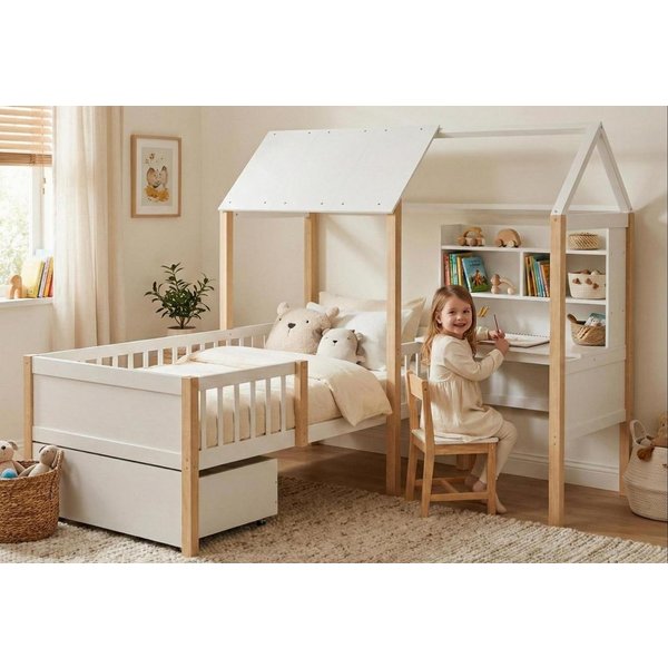 LVHOM Hausbett 90x200,Schreibtisch,Schubladen mit Rollen,Rausfallschutz & Lattenrost (Spar-Set, L-förmig, Schreibtisch, Bücherregal, 1 Schubladen, Naturholz), M