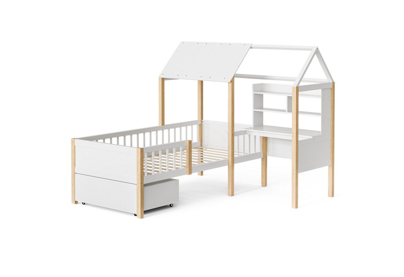 LVHOM Hausbett 90x200,Schreibtisch,Schubladen mit Rollen,Rausfallschutz & Lattenrost (Spar-Set, L-förmig, Schreibtisch, Bücherregal, 1 Schubladen, Naturholz), M – Bild 2 von 5