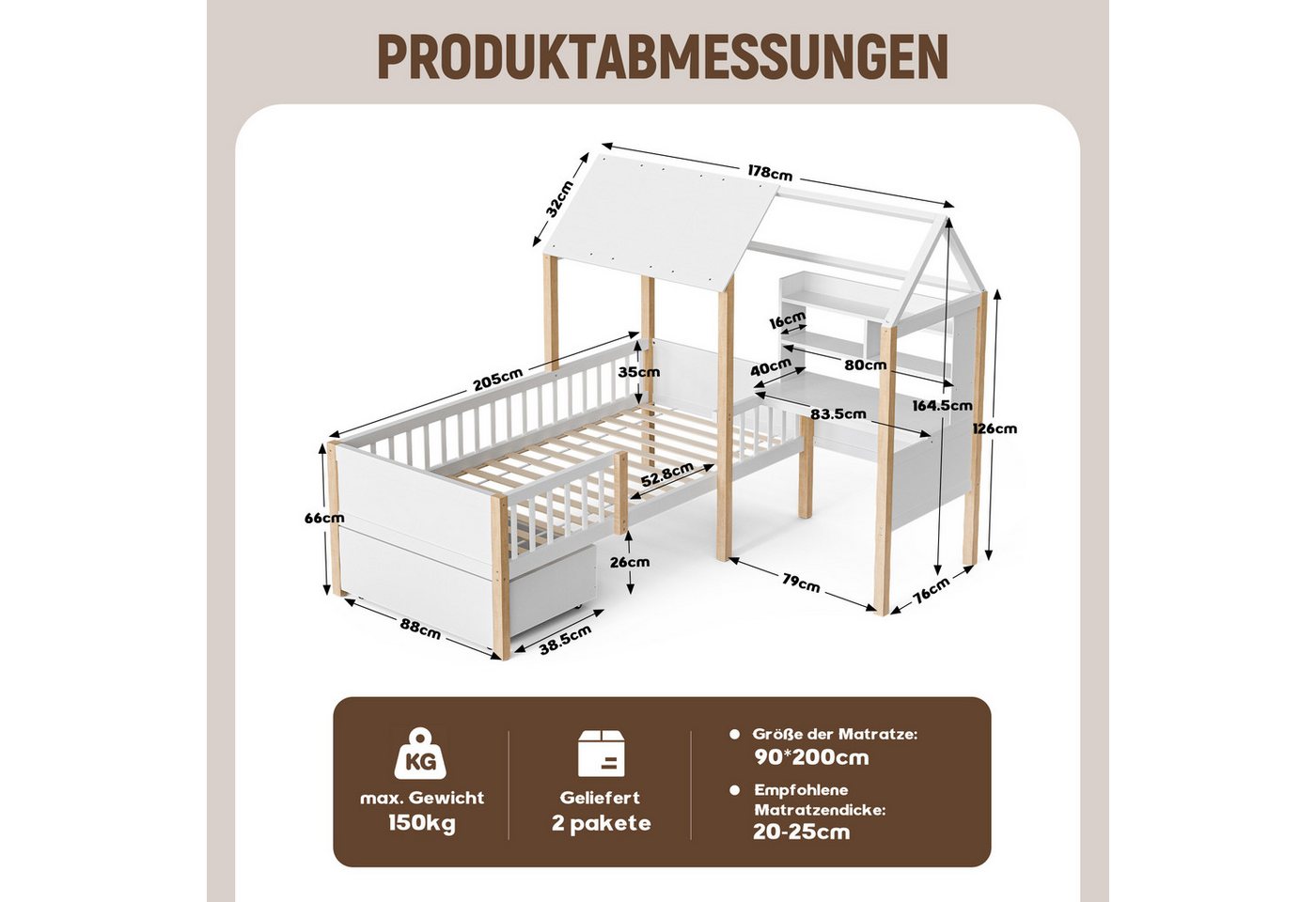 LVHOM Hausbett 90x200,Schreibtisch,Schubladen mit Rollen,Rausfallschutz & Lattenrost (Spar-Set, L-förmig, Schreibtisch, Bücherregal, 1 Schubladen, Naturholz), M – Bild 3 von 5