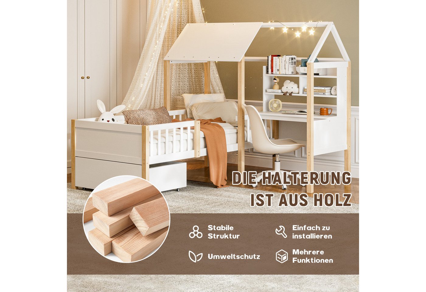 LVHOM Hausbett 90x200,Schreibtisch,Schubladen mit Rollen,Rausfallschutz & Lattenrost (Spar-Set, L-förmig, Schreibtisch, Bücherregal, 1 Schubladen, Naturholz), M – Bild 4 von 5
